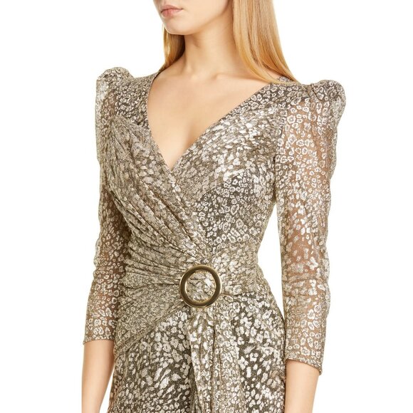 PatBO Metallic Leopard Spot Faux-Wrap Long Sleeve Cocktail Mini Dress - Picture 3 of 6